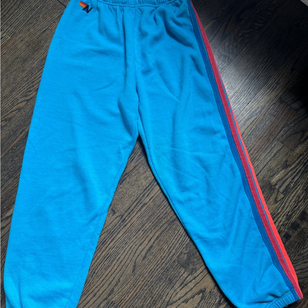 Aviator Nation neon blue rainbow five-stripe sweatpants, women’s Medium
